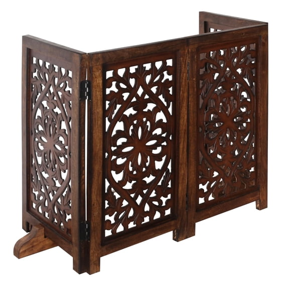Free Standing Dog Gate – 4 Panel Foldable Wooden pet gate Indoor 56" W x 28" H, Hand-Carved Solid Wood & MDF, Portable Indoor Gate for Doorways, Halls, Stairs – Fully Assembled, Burnt Finish