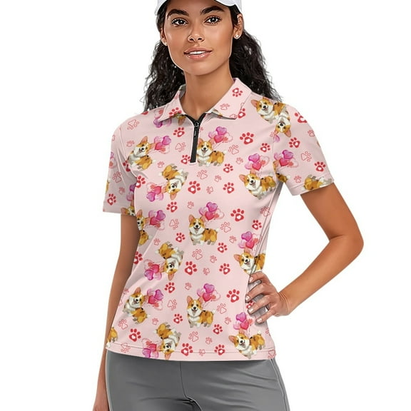 COEQINE Women Short Sleeve Golf Shirts Moisture Wicking 1/4 Zip Golf Tops Corgi Heart Shaped Balloon and Paw Print Pattern Workout Polo Shirts Quick Dry Fit Sportswear for Valentine's Day, XS