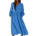 thumbnail image 3 of TaTaai Women Cotton Linen V Neck Drawstring Solid Color Dress Casual Loose Fit Breathable Machine Washable Non See-through Lightweight Versatile Daily Street Casual Wear Gift, 3 of 9