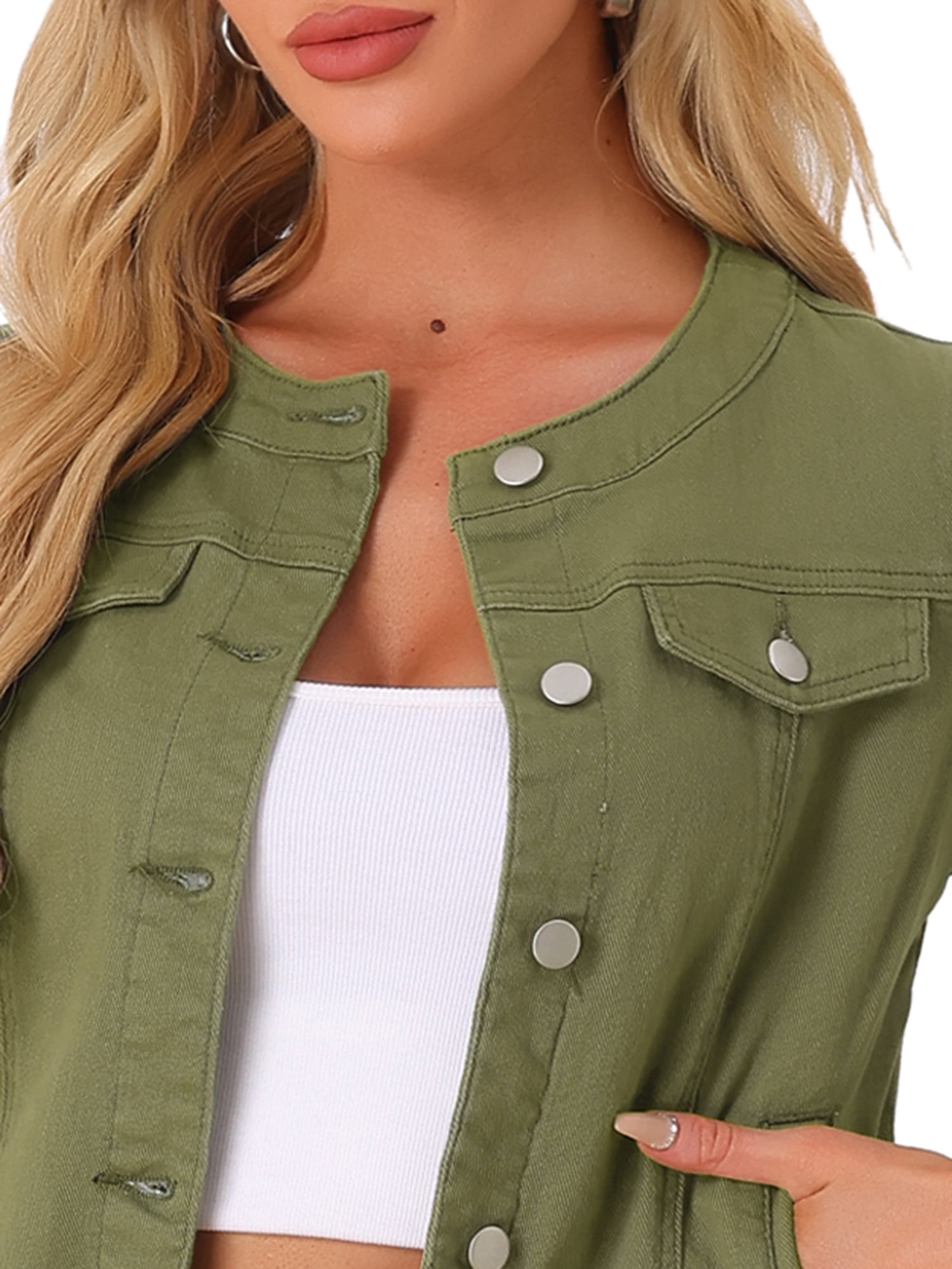 DARING DIVA Women's Button Down Collarless Cropped Denim Jacket L Army Green
