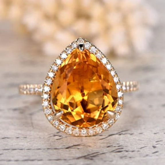 3.80 Cts Pear Citrine and Diamond Wedding Half Eternity 14k Yellow Gold Ring