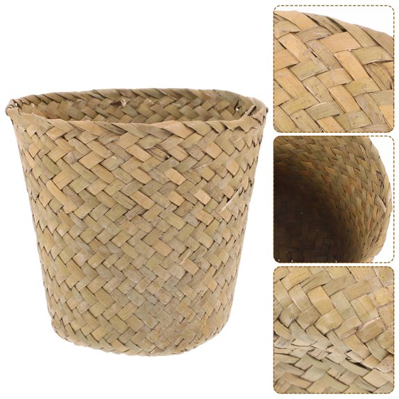WRITWAA Light Green Natural Grass Woven Storage Basket Portable Trash Can for Household Sundries and Organization