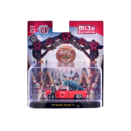 1977 Chevrolet Silverado 10 Pickup Truck Red with White Top (Weathered) w/Figures and Tree 1/64 Diecast Model Car by M2 Machines