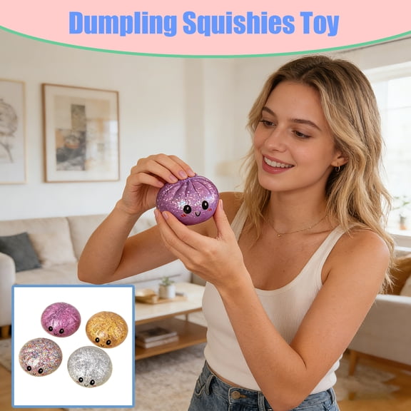 4Pcs Glitter Dumpling Squishy, Mystery Dumpling Squishy Large, Squishy Dumpling Doll with Cute Expressions, Silicone Bun Sensory Fidget Dolls, Hand Pinching Decompression Dolls