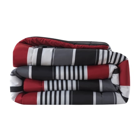 MAINSTAYS ALL IN ONE REVERSIBLE COMFORTER AND SHEET SET- 7 PIECE, KING, RED AND BLACK STRIPE