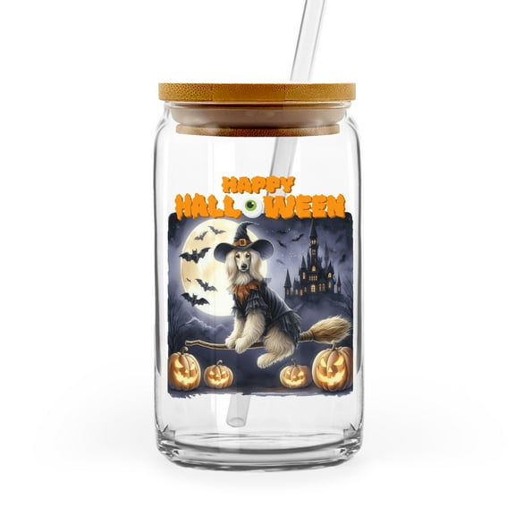Happy Halloween Afghan Hound Witch Pumpkins Bats 16oz Glass Cup Mug Dog Lover Glass Can with Bamboo Lid and Straw - 13012