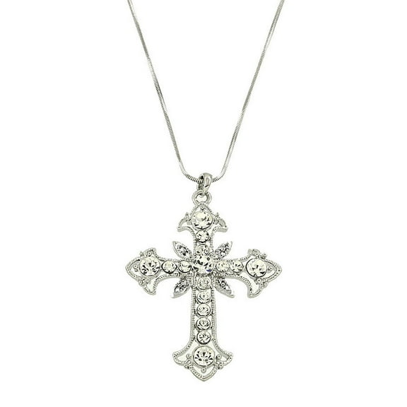 Cross Pendant Necklace Clear Rhinestone Crystal Rhodium Plated 17 Inch Snake Chain J0080-CR