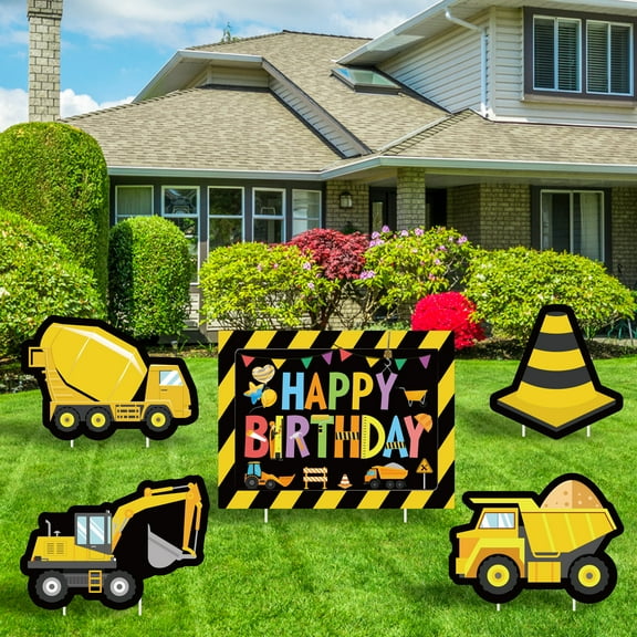 GROBRO7 5Pcs Construction Theme Happy Birthday Yard Signs Dump Truck Excavator Concrete Mixer Lawn Sign with Stakes Garden Outdoor Decoration for Boy Birthday Party Supplies Baby Shower
