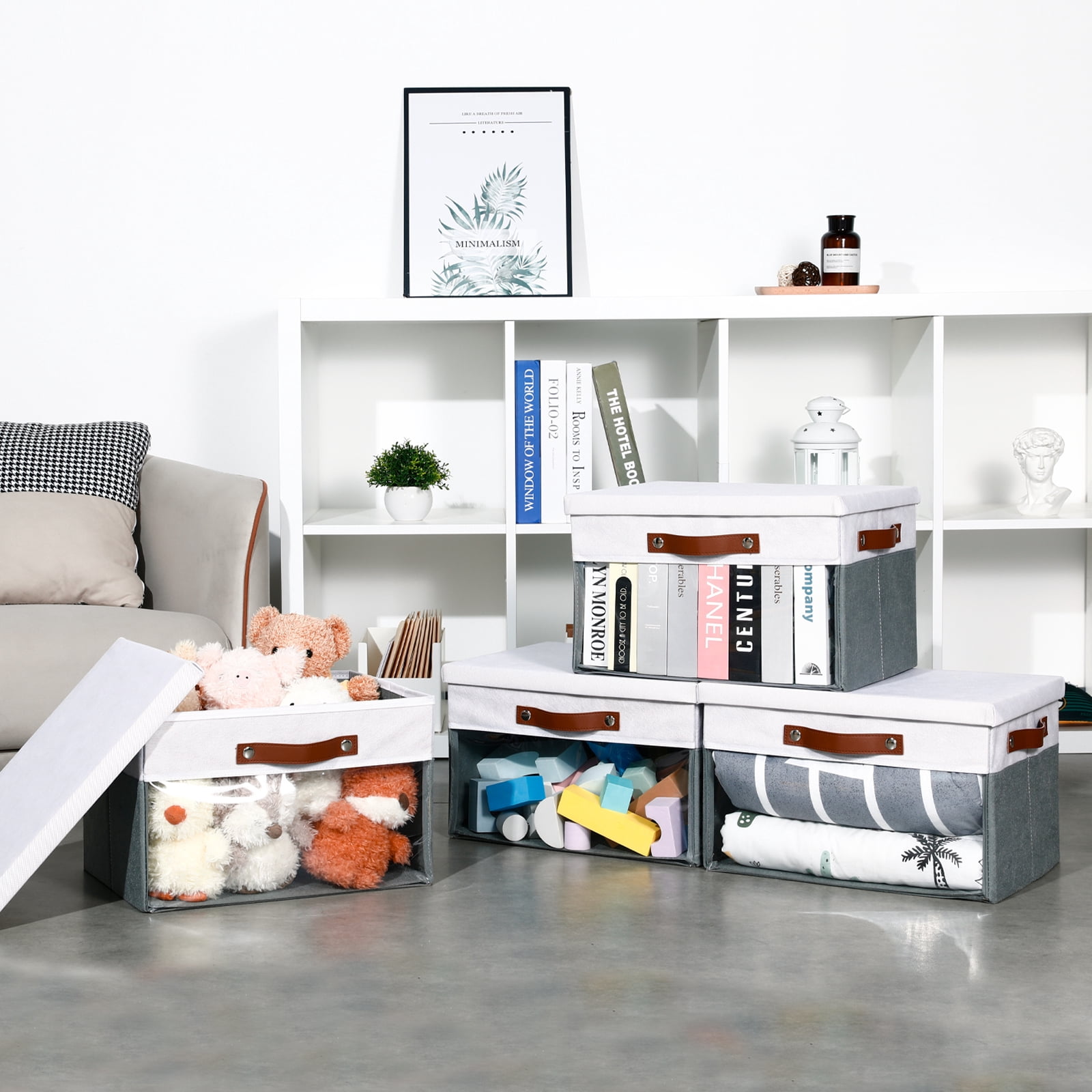 Bidtakay Collapsible Storage Bins with Lid 15 x 11 x 9.7 inch 4-Pack Fabric Closet Organizer with Clear Window Storage Baskets for Shelves Organization (White&Grey)