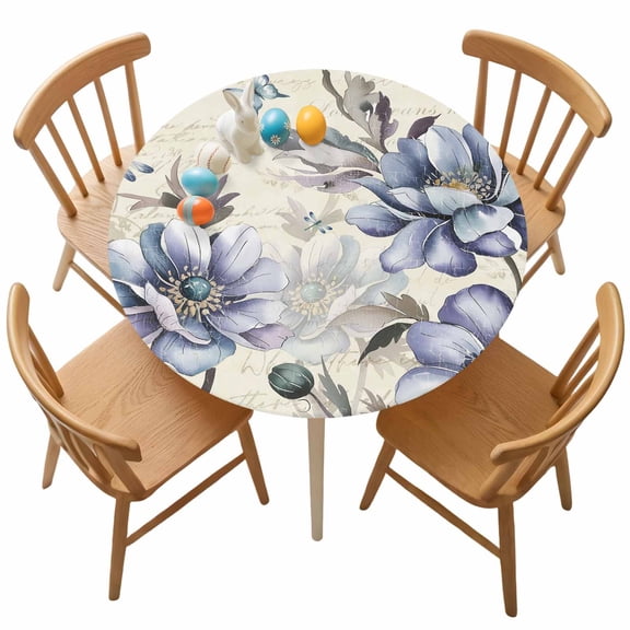 Fitted Round Tablecloth Vintage Butterfly Floral Elastic Stretch Table Cover,Waterproof Oil Proof Table Cloth for Dinner,Outdoor,Picnic, 36"- 44" DIA Blue Beige