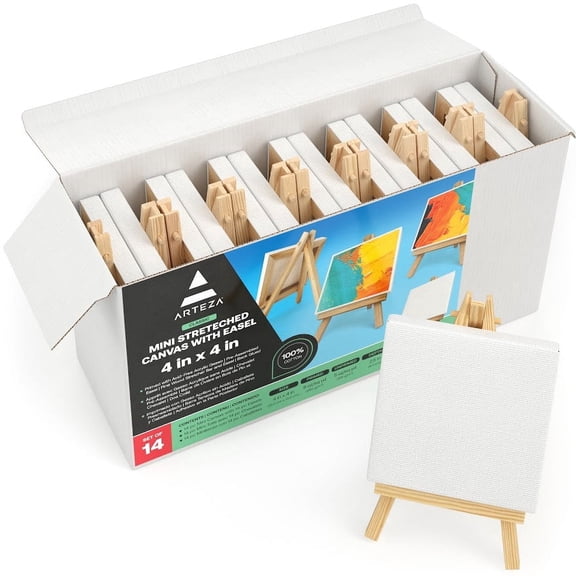 Arteza Small Mini Stretched Canvas Pack, 4" x 4", Blank Canvas Boards for Painting, 14 Pack