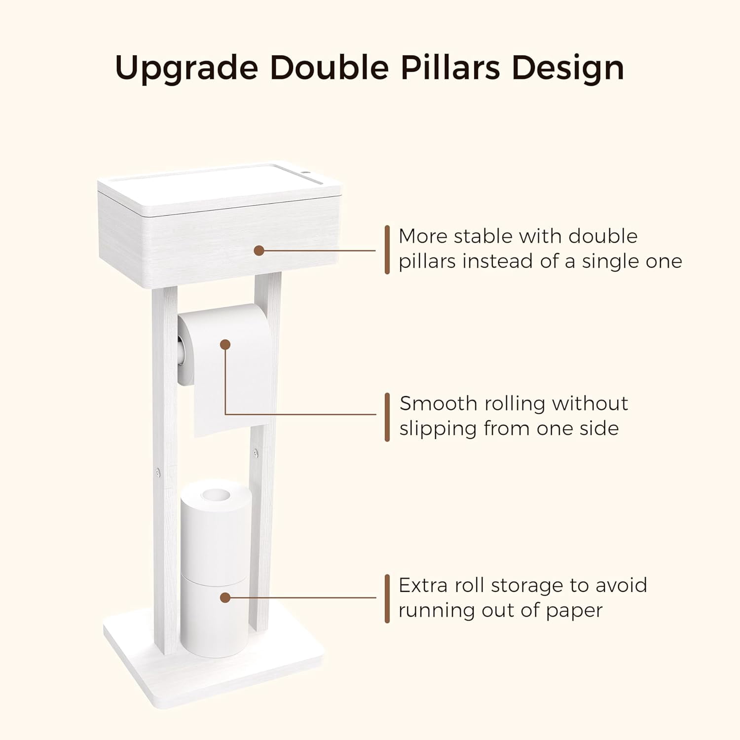 4-in-1 White Toilet Paper Holder Stand with Storage Shelf Box, Bamboo Free Standing Toilet Tissue Roll, Toilet Wipes Dispenser Organizer, Temporary Desktop for Bathroom (Patent Protection)