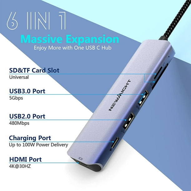 Adaptateur USB C Hub USB-C vers HDMI - Newmight Adaptateur multiport USB C  HDMI 6 en 1 avec alimentation 100 W HDMI 4K USB3.0 