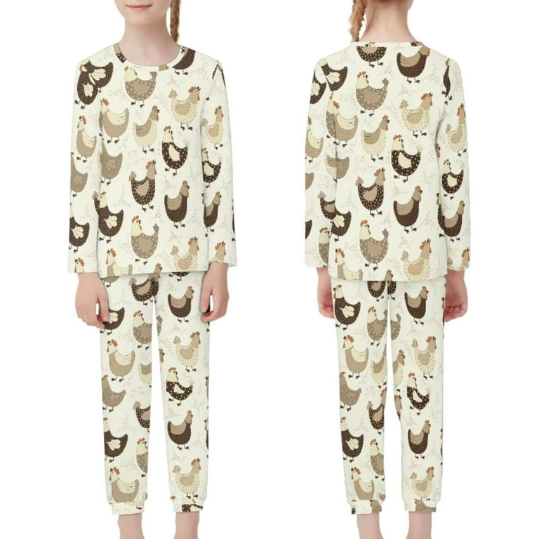 Renewold Chicken Theme Nightwear Set for Teens Boys Girls 2pcs Fall Winter Warm Clothing Durable Loose Long Sleeve Nightclothes Sleepwear Size 3 4