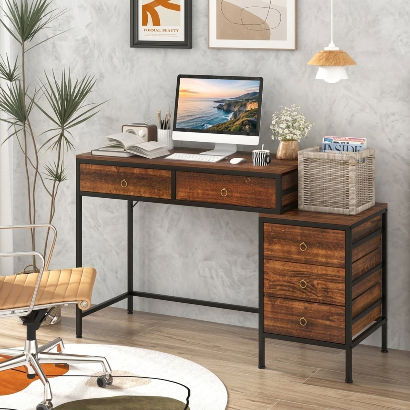 Furnibear Computer Desk with 5 Drawers and Side File Cabinet Industrial Home Office Desk with Metal Frame for Study and Work, Rustic Brown