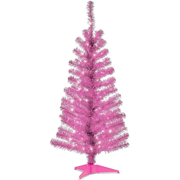 Pre-Lit Artificial Christmas Tree, Silver Tinsel, White Lights, Includes Stand