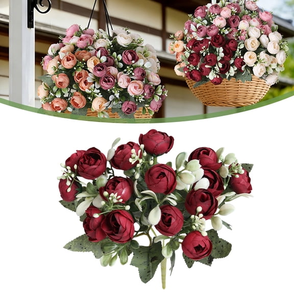 FENGGHAO Burgundy Artificial Camellia Peony Bouquet Fake Tea Rose Flowers For Wedding Home Decor Vase