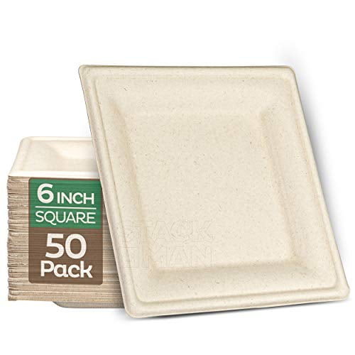 100% Compostable Square Paper Plates [6x6 inch - 50-Pack] Elegant Disposable Plates Heavy-Duty Quality, Natural Bagasse Unbleached, Eco-Friendly Made of Sugar Cane Fibers, 6' Biodegradable Plate