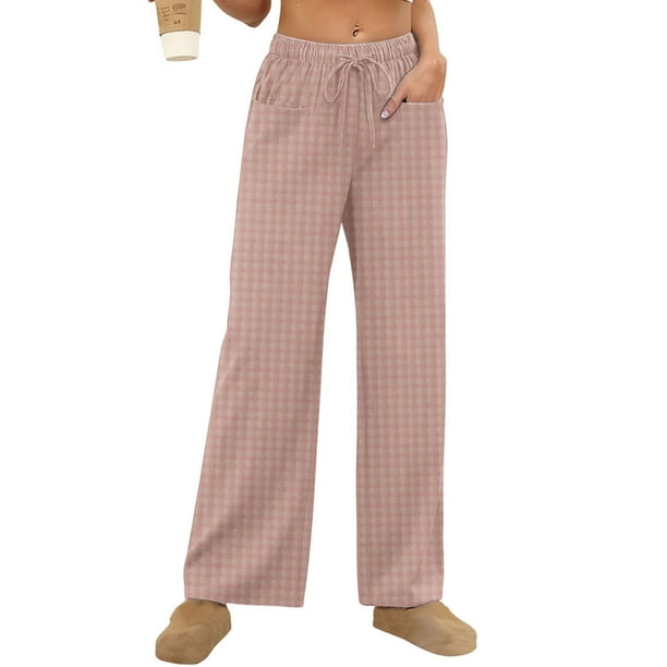 Amzcrzy Pantalones Mujer A Rayas Informales Cintura Alta Cordón Elástico Tipo Bóxer Cómodos Holgados Anchos Con Bolsillos Tallas S-2XL Rosa