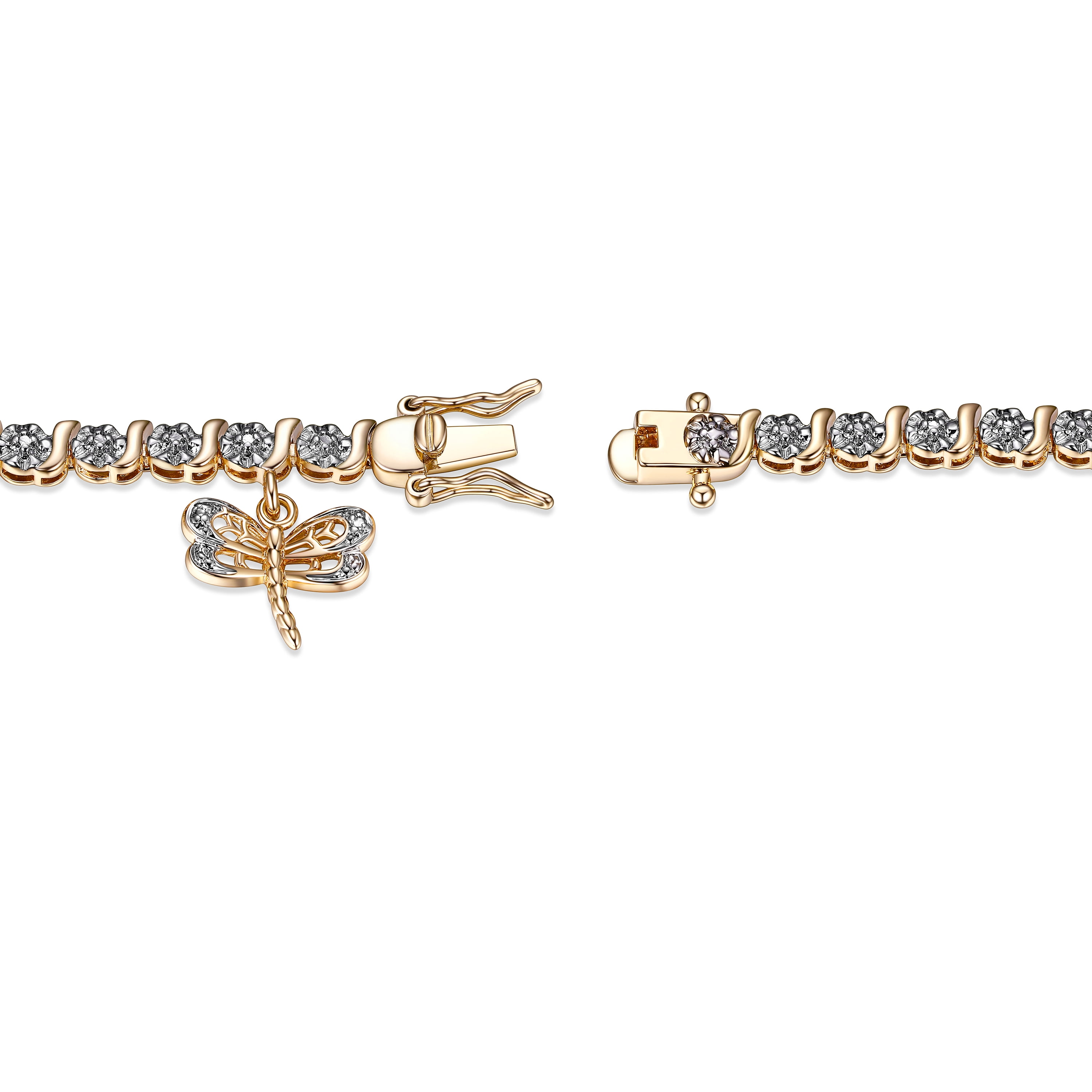 18K Yellow Gold Plated Diamond Accent Dragonfly Charm Tennis Bracelet, 7.25"