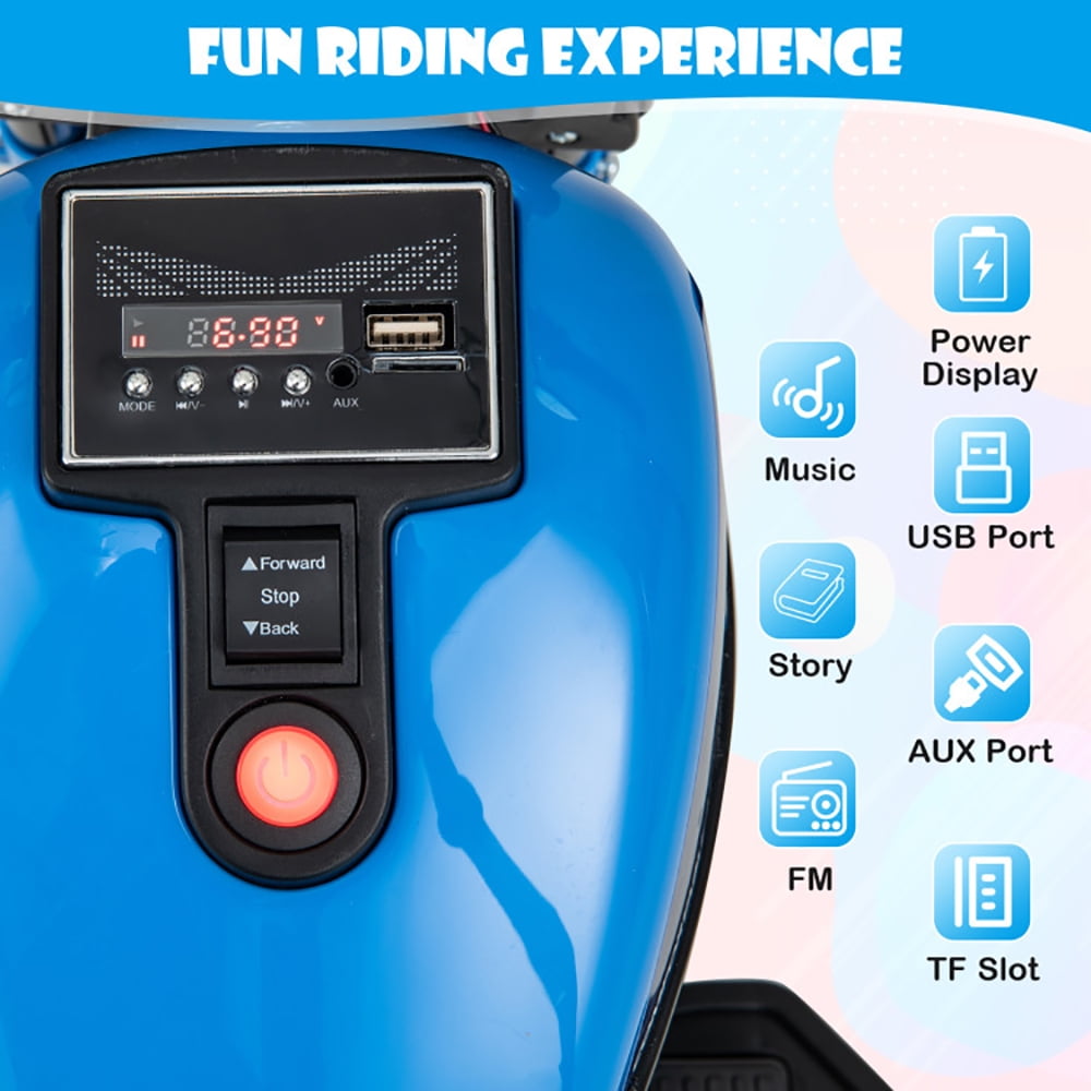 Resenkos Kids Electric Motorcycle with Training Wheels and LED Headlights-Blue, Motorcycle Toy for Children Boys & Girls