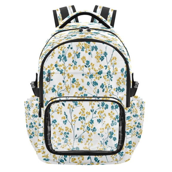 Qxltty Teal Blue Floral Print Backpack School Bookbag with Clear PVC Front Pocket, Laptop Compartment, Water Resistant Travel Daypack for Students