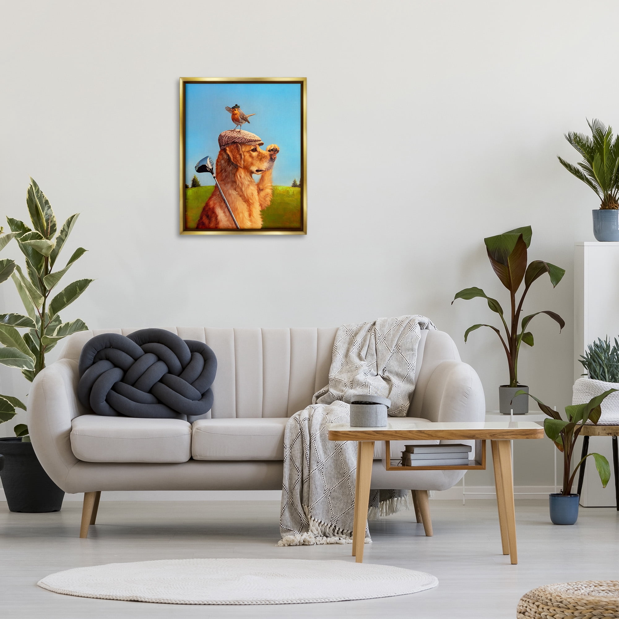 Stupell Industries Bird & Dog Golfing Animals & Insects Painting Gold Floater Framed Canvas Art Print Wall Art, 25 x 31