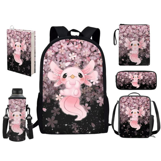 Binienty Cute Sakura Axolotl School Backpack Set for Girls With Pencil ...