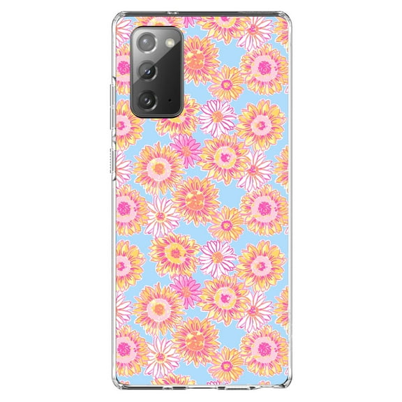 DistinctInk Clear Shockproof Hybrid Case for Samsung Galaxy Note 20 (6.7" Screen) - TPU Bumper, Acrylic Back, Tempered Glass Screen Protector - Preppy Pattern - Blue Pink Yellow Flowers Floral