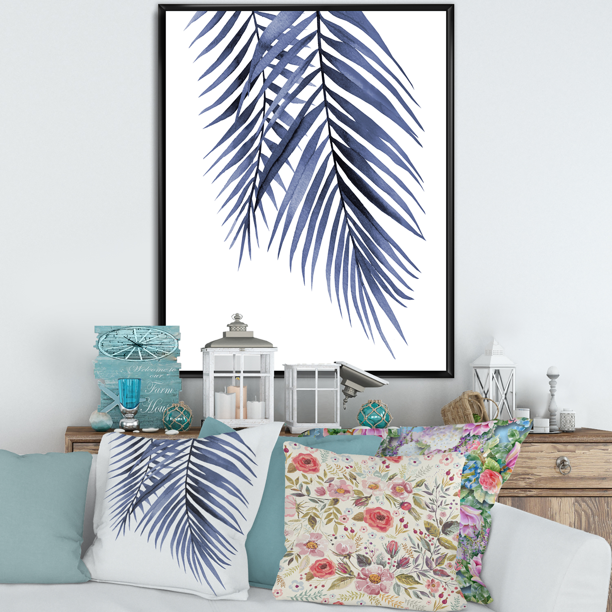 Designart 'Abstract Blue Palm Leaves Tropical Branches' Traditional Framed Canvas Wall Art Print