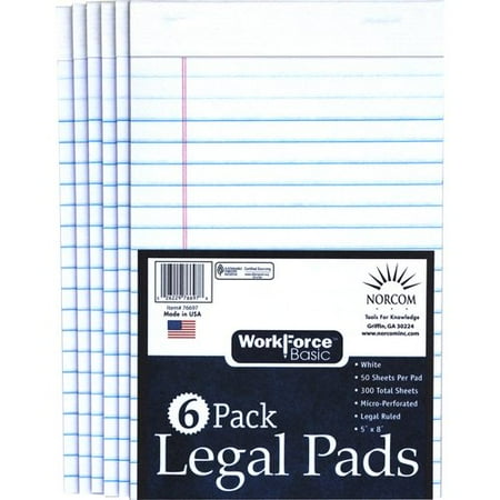 WorkForce Basic 6-Pack White Legal Pad, 50 Pages, 5" x 8"