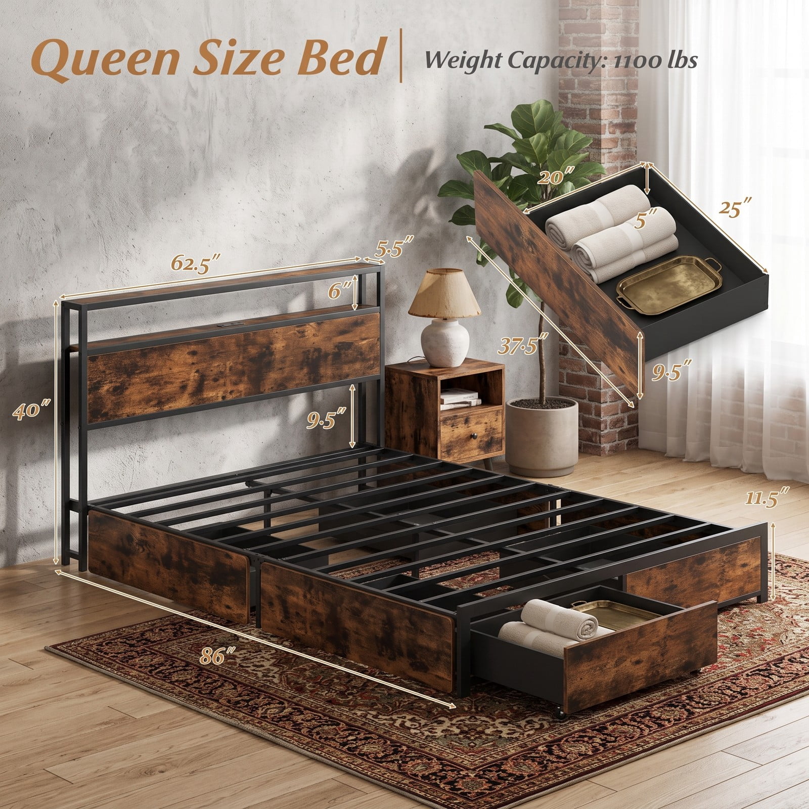 Furnibear Queen Size Bed Frame with 4 Storage Drawers, Metal LED Platform Bed with Charging Station and 2-Tier Headboard, Rustic Brown