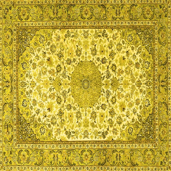 Ahgly Company Machine Washable Indoor Square Medallion Yellow Traditional Area Rugs, 4' Square