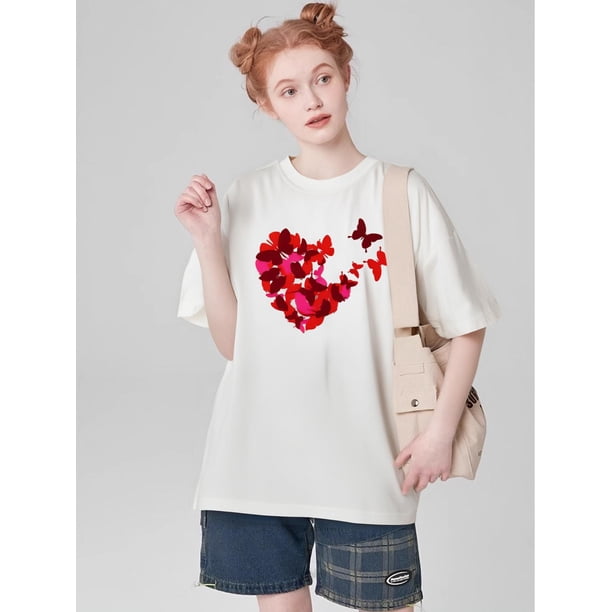 Camiseta informal de San Valentín para mujer con estampado de mariposa y corazón, de punto, manga corta y cuello redondo, para toda la temporada.
