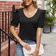 thumbnail image 2 of Top de manga corta abombada para mujer, Color puro, cuello en V, corte holgado, informal, elegante, jersey de verano, Top negro S, 2 of 6