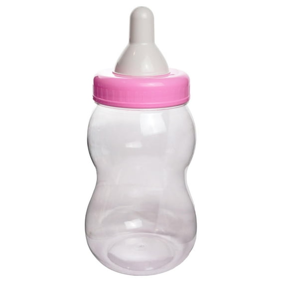 Evershine Plastic Baby Bottle Bank, 13" Pink Fillable Baby Shower Bank, Plastic Jumbo Baby Favor Bottle Centerpiece