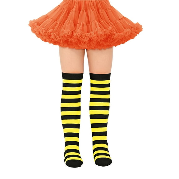IWRICH Kids Girls Long Socks Knee High Leg Warmer Striped Stockings, Size 7-12 Years Yellow