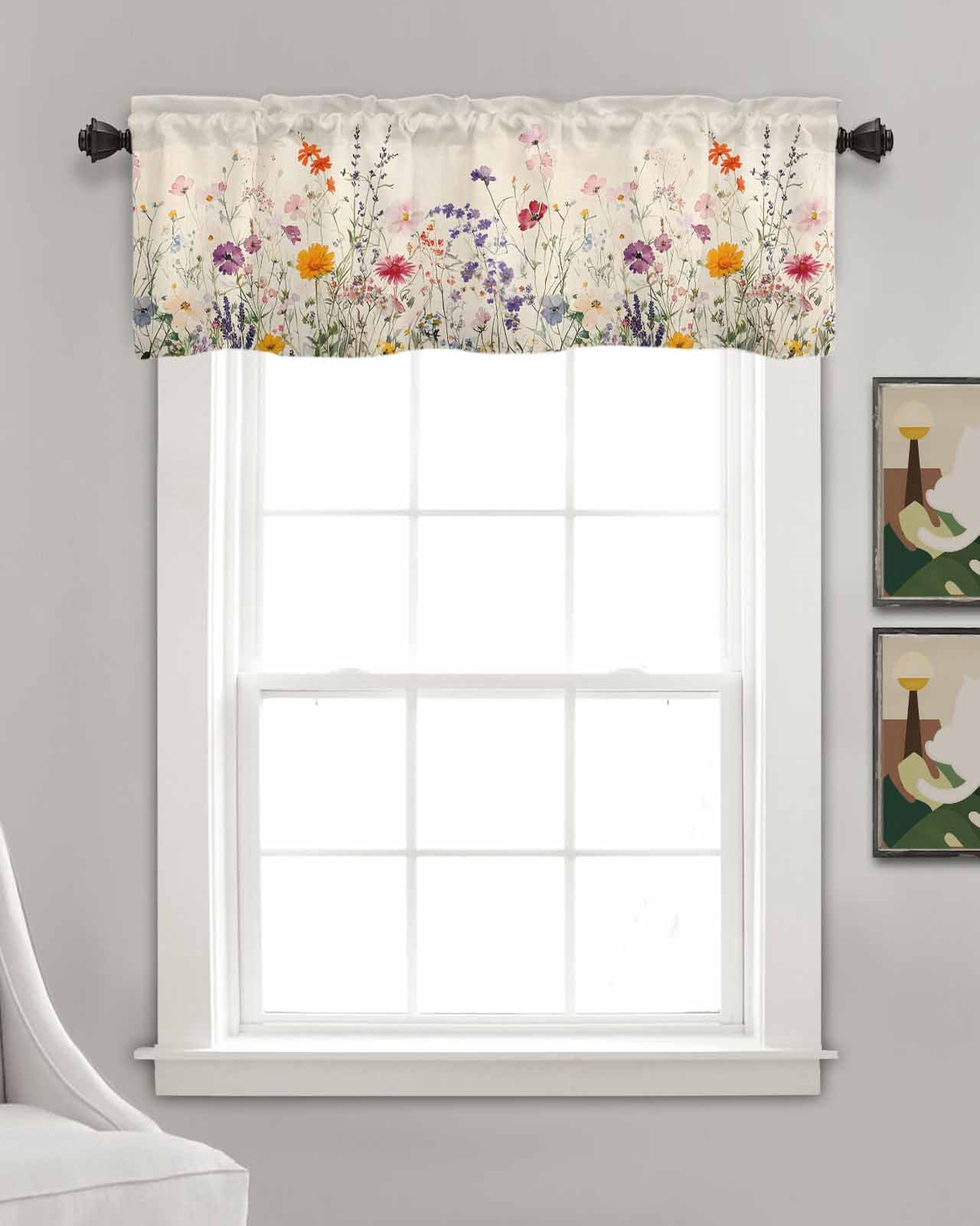 Vintage Spring Floral Kitchen Valances for Windows Farmhouse Linen Window Valance Curtain for Living Room Window Treatment Summer Botanical Flowers Valance Rod Pocket Topper Drape, 60 x 18 Inch