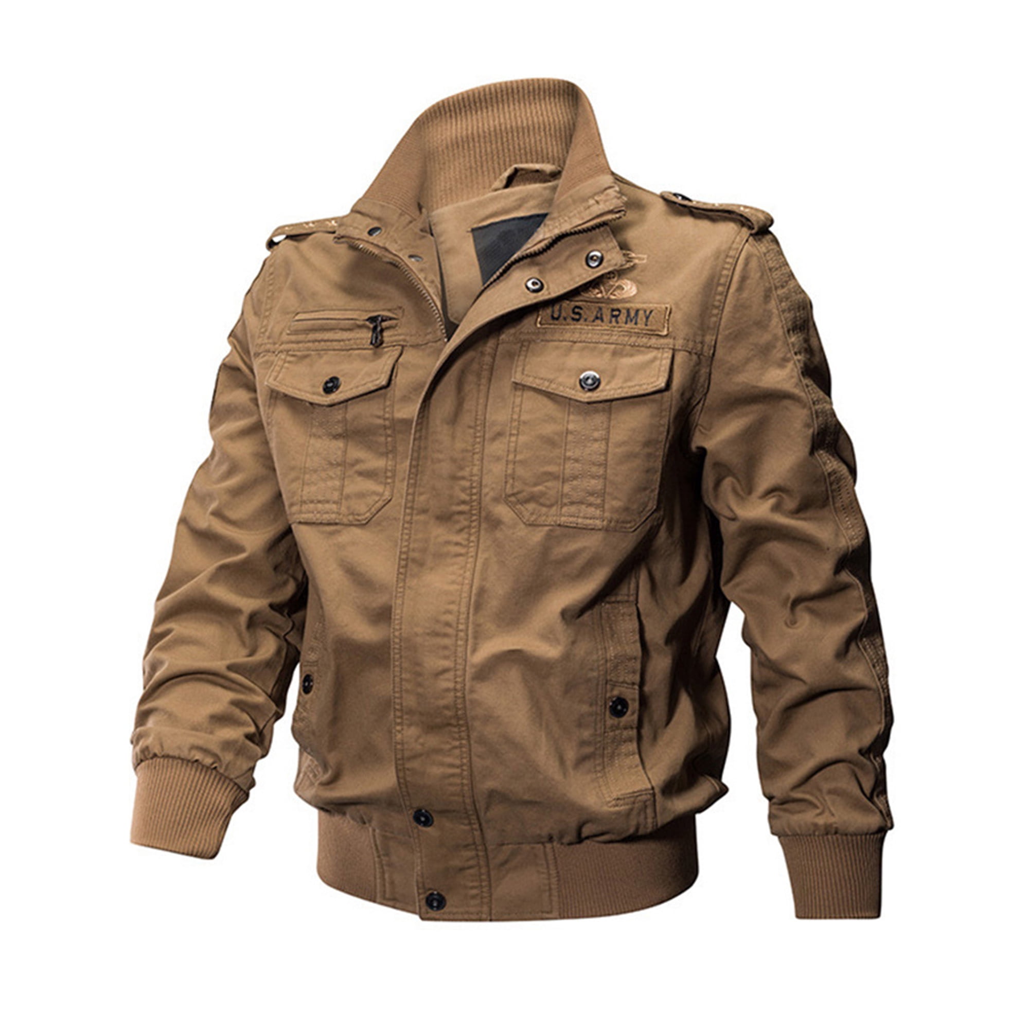 Avamo Men s Military Coats Stand Collar Cargo Jacket Fleece Lined Bomber Jackets Fashion Windbreaker Travel Outwear Khaki Without Velvet S