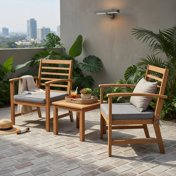 Hommoo 3-Piece Acacia Wood Outdoor Patio Furniture Set with Cushions, Durable Backyard Seating for Porch, Poolside & Deck, Gray