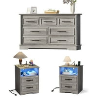 LGHM 3 Piece Bedroom Dresser Set, Farmhouse 7 Drawer Dresser, 2 Drawers Nightstand with Outless and LED Lights, Gray Wash