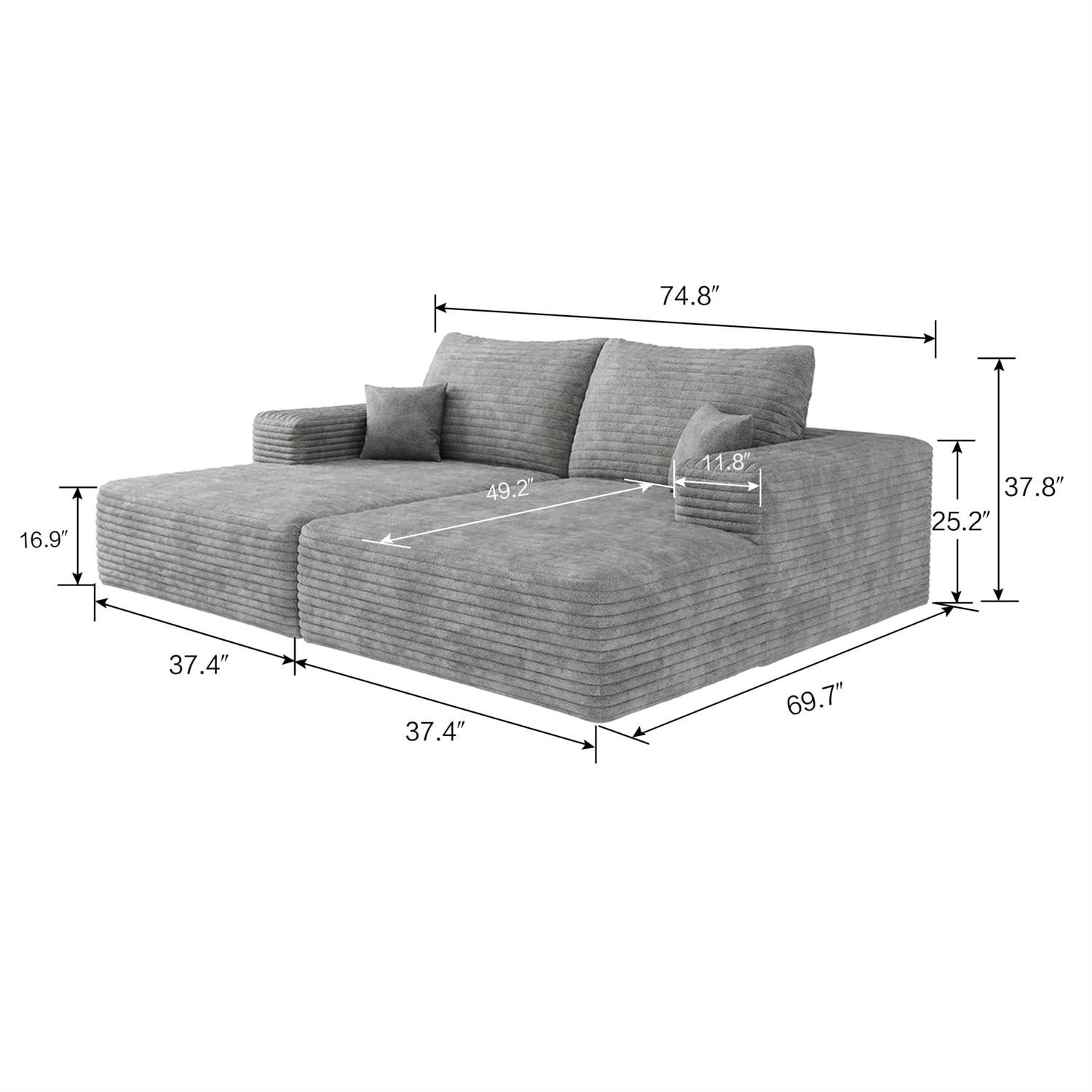 Demi Bonn 74.8" Modern Plush Corduroy Sofa Bed, Dual Sleeper & Lounger for Movie Room, No Assembly Needed, Gray