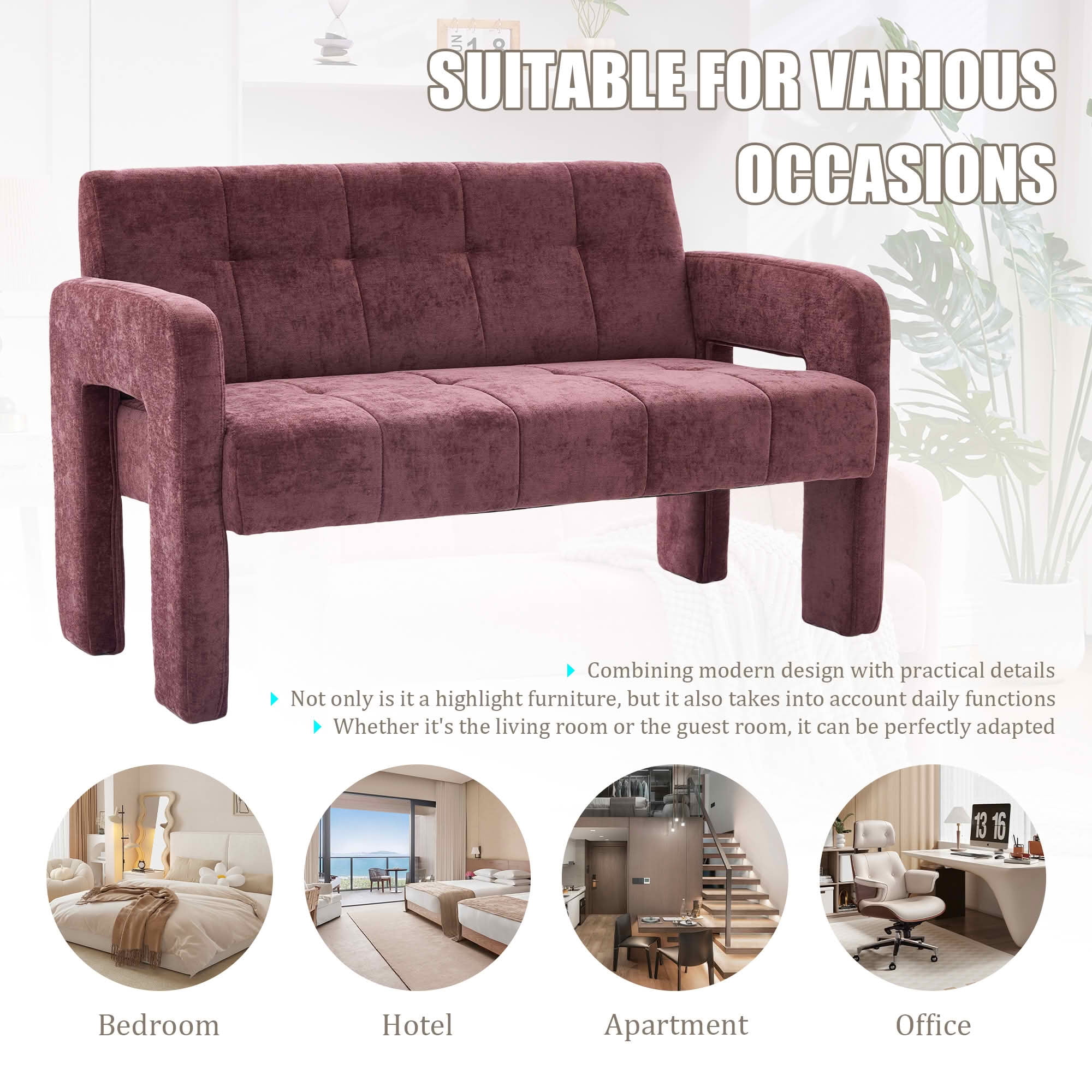 MAYEERTY Nordic Chenille 2-Seat Loveseat, Comfy Double Armrest Compact Leisure Sofa for Small Space Bedroom & Living Room