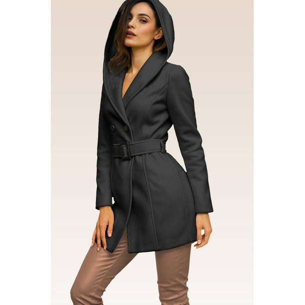 Abrigo Elegante con capucha Negro Grande