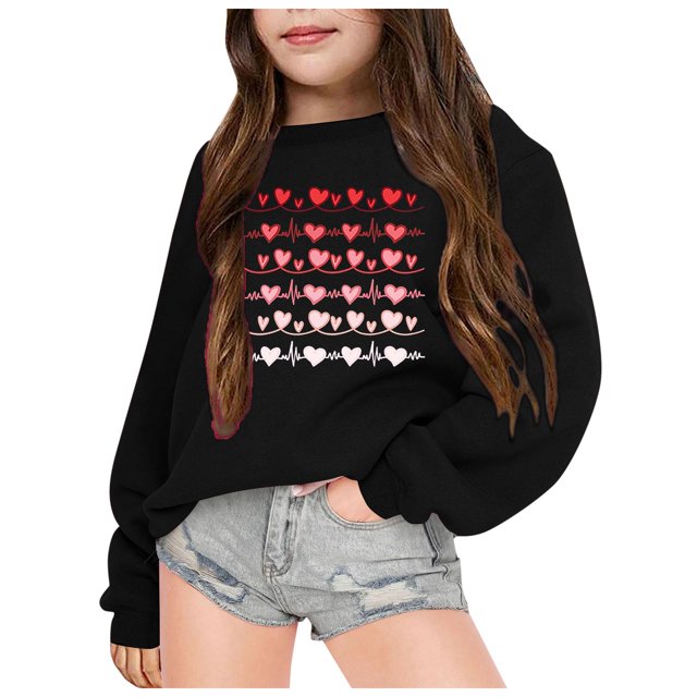 PMVFHDE Mode pour Adolescentes, Haut à Manches Longues Imprimé pour la Saint-Valentin, Col Rond, Chandail à Capuchon, Vêtements de Saint-Valentin pour Enfants, Costume, Noir, 6-7 Ans