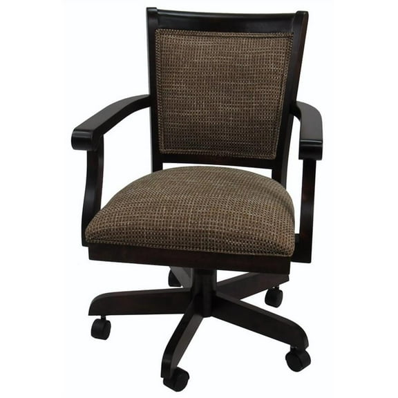 Maklaine Swivel Wood Dining Caster Chair Mango with Wheels in Checkered - Walnut