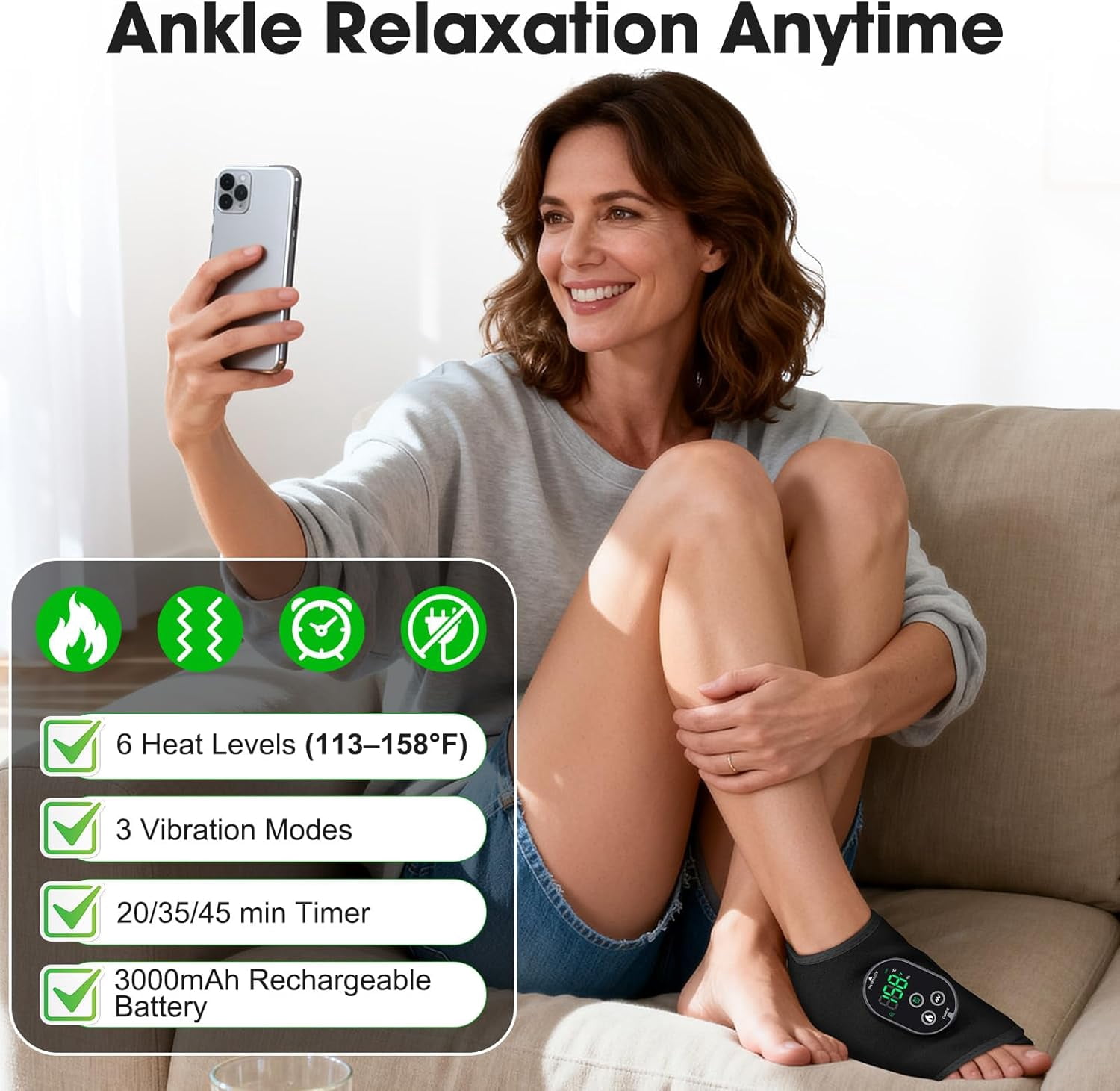 Ankle Heating Pad with Vibration, Heated Ankle Massager, Foot Heated Massager Brace with 6 Heat, 3 Vibration & Timer Modes, Adjustable Strap, 3000mAh Battery for Left/Right Feet, Black 2pcs