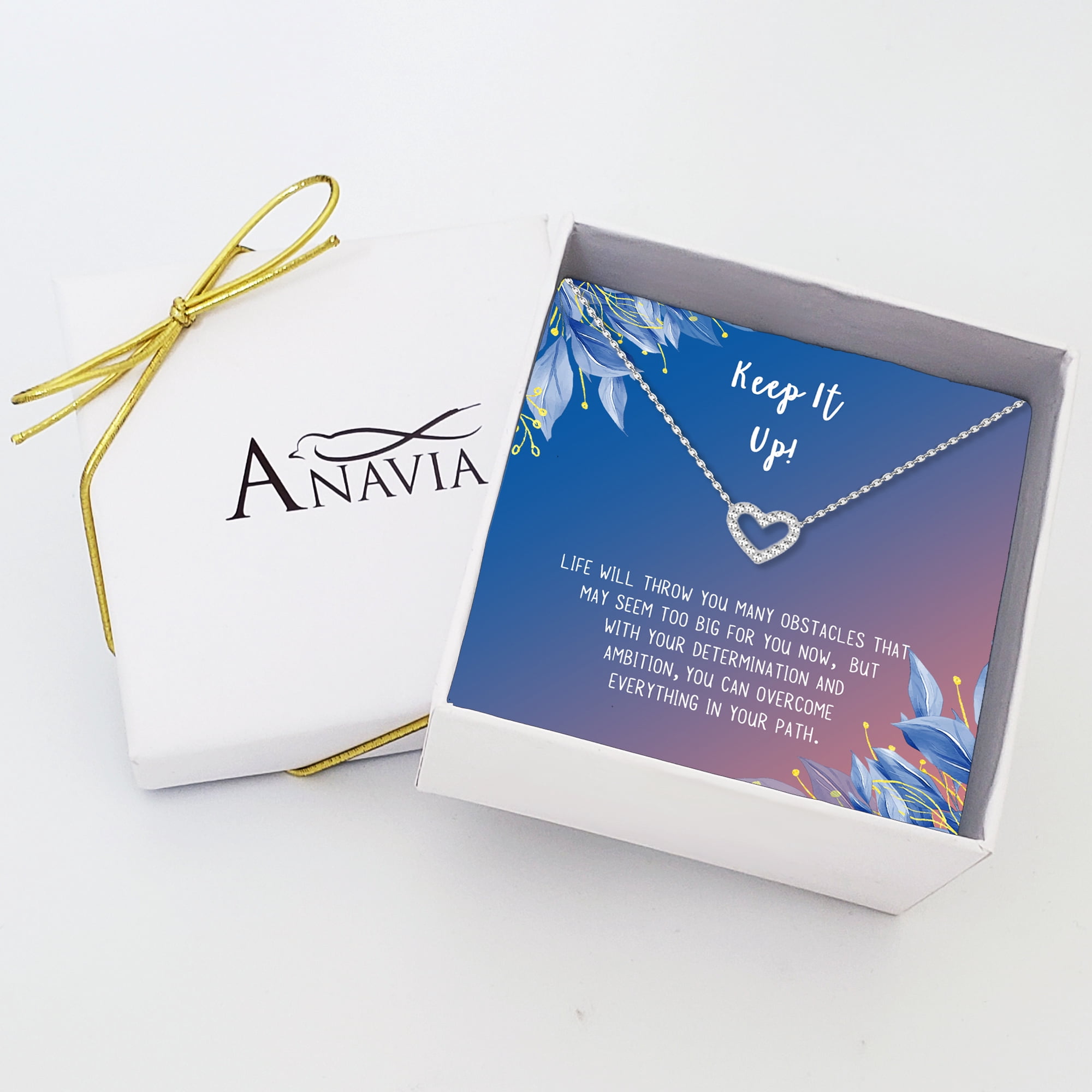 Anavia Keep It Up Card Gift Jewelry, Inspirational Card Necklace, Cheer up Gift, Encouragement Gift for Friend-[Silver Mini Crystal Heart, Blue-Orange Gift Card]