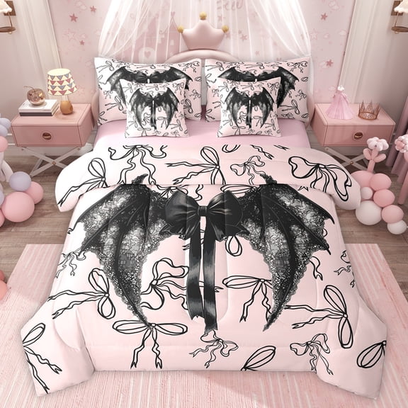 Feelyou Gothic Dreamy Angel Twin Bedding Sets 7-Piece for Kids, Cute Ribbon Bow-tie Bedding Comforter Set, Kawaii Pink Cartoon Reversible Sheet Sets, Lightweight Room Decor