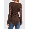 thumbnail image 4 of Women's Sheer Lace Flare Long Sleeve Ruched Side Asymmetric Hem Top Khaki S, 4 of 8